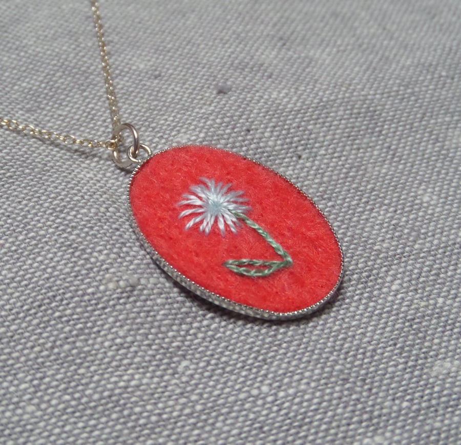  SALE Embroidered Flower Pendant Necklace - coral and blue