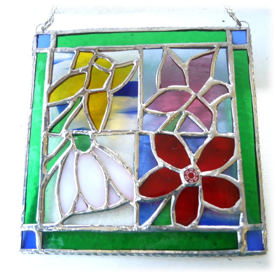 SOLD Flower Tile Suncatcher Stained Glass 4 Seasons Framed Picture
