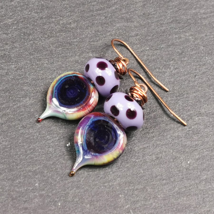 Purple Artisan Lampwork Flattened Drop Earrings