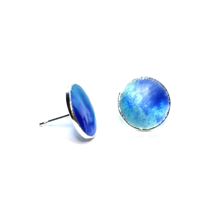 Silver blue mix enamel Rockpool stud earrings - large