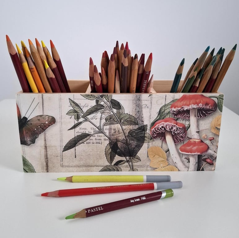 3 Compartment Wooden Holder with Mushrooms, Decoupage Stationery Organiser