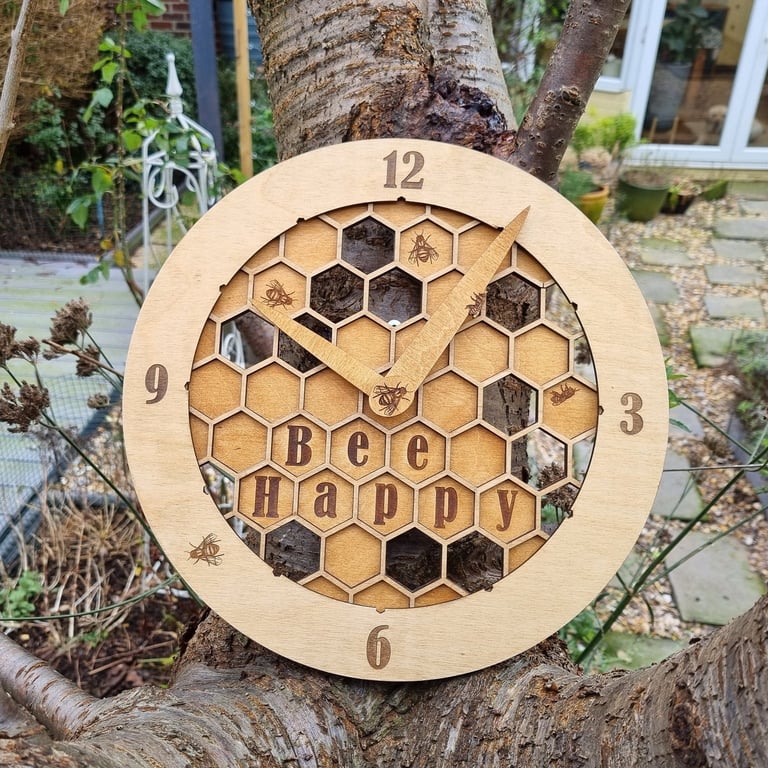 Bee Clock, Honeycomb design, laser-etched and laser cut from 3 layers of plywood