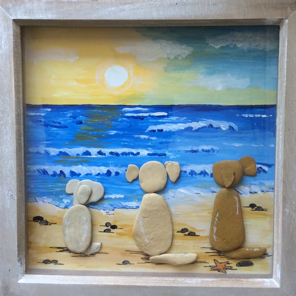 Pebble Art Picture.  Three Golden Retrievers  on the Beach. 9” by 9”
