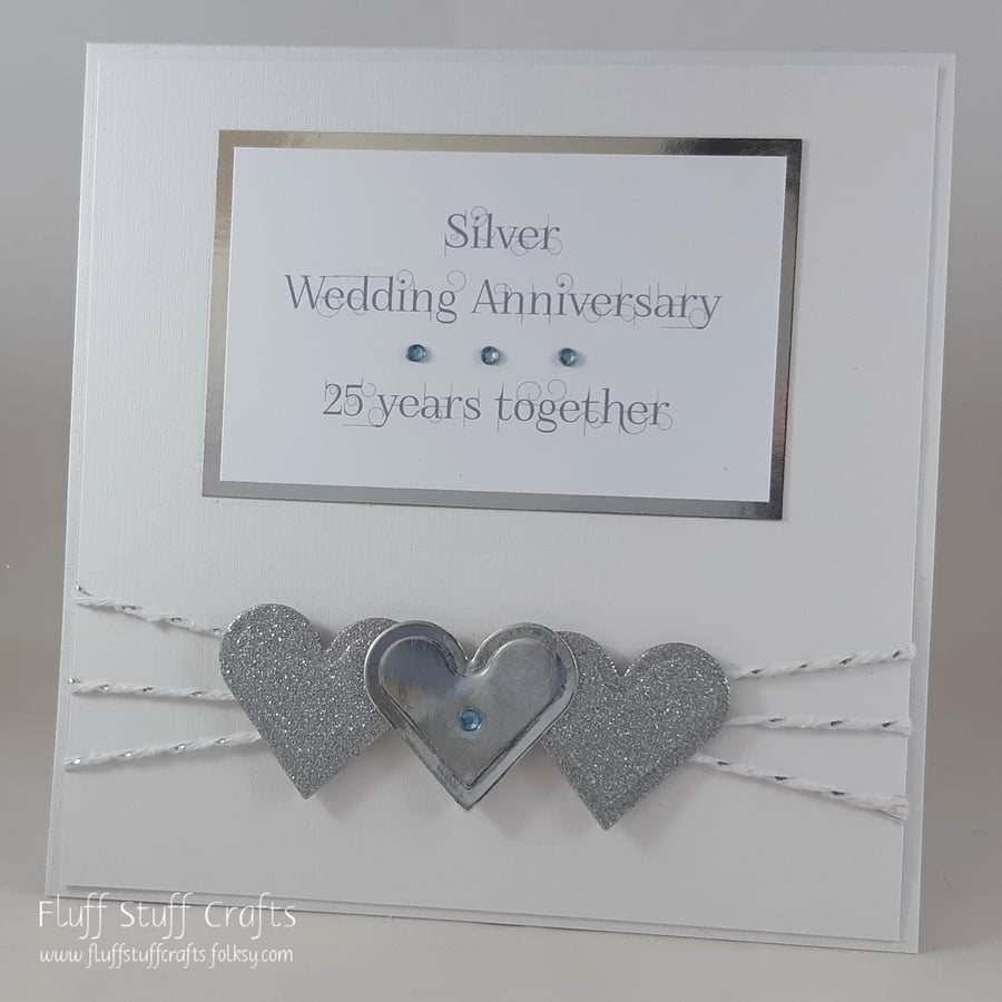 Handmade 25th Wedding anniversary card, silver wedding anniversary