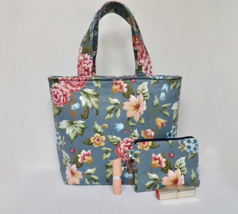 SOLD Handbag mini tote bag with clip-in purse blue floral