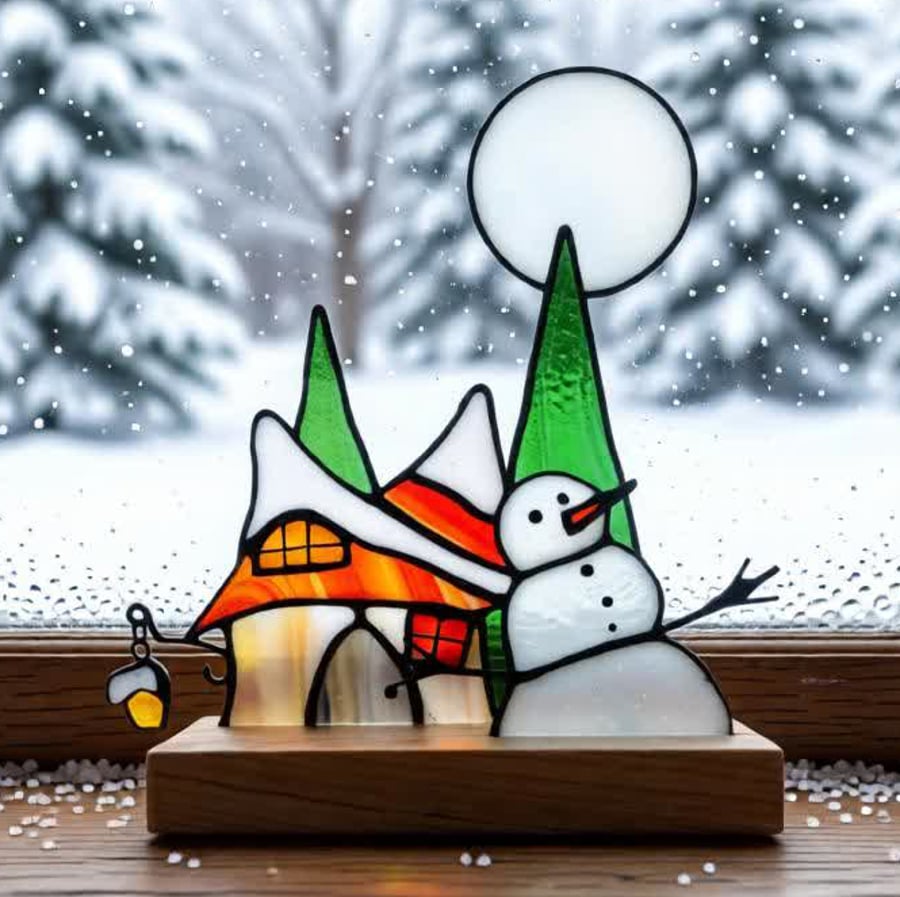 Stained Glass 3D Diorama Christmas Winter Full Moon Scene with Cottage Snowman 