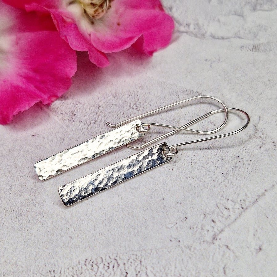 Hammered Silver Bar Earrings - Folksy