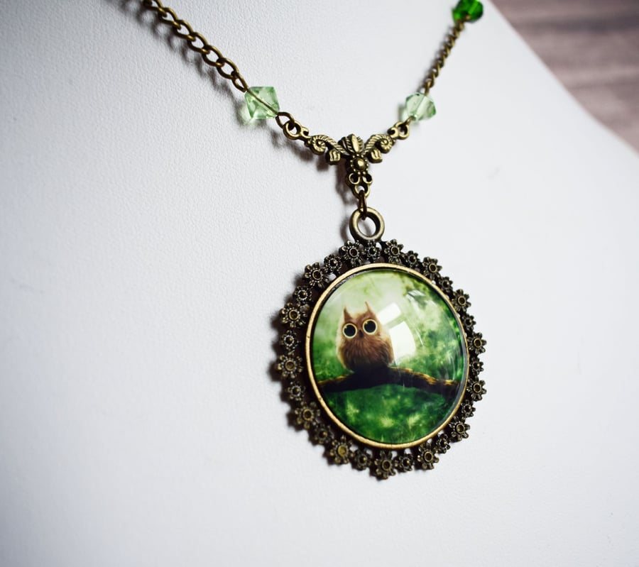 Owl Cabochon Pendant Necklace with Green Glass Beads