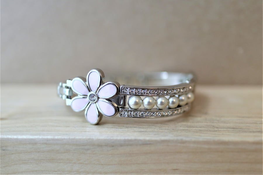  Pink enamel flower - faux diamond and faux pearl stainless steel bracelet