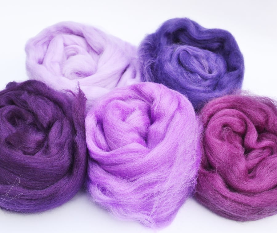 50g Set of 5 Purple Corriedale Wool Bundles for Felting