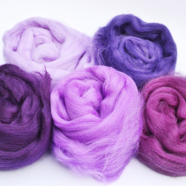 50g Set of 5 Purple Corriedale Wool Bundles for Felting