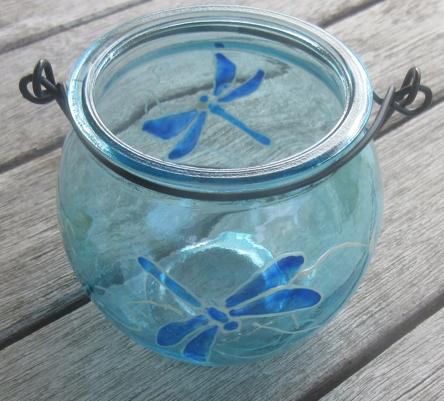 Cauldron shaped blue tea light holder with hand painted dragonflies
