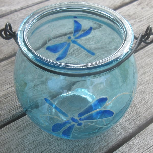 Cauldron shaped blue tea light holder with hand painted dragonflies