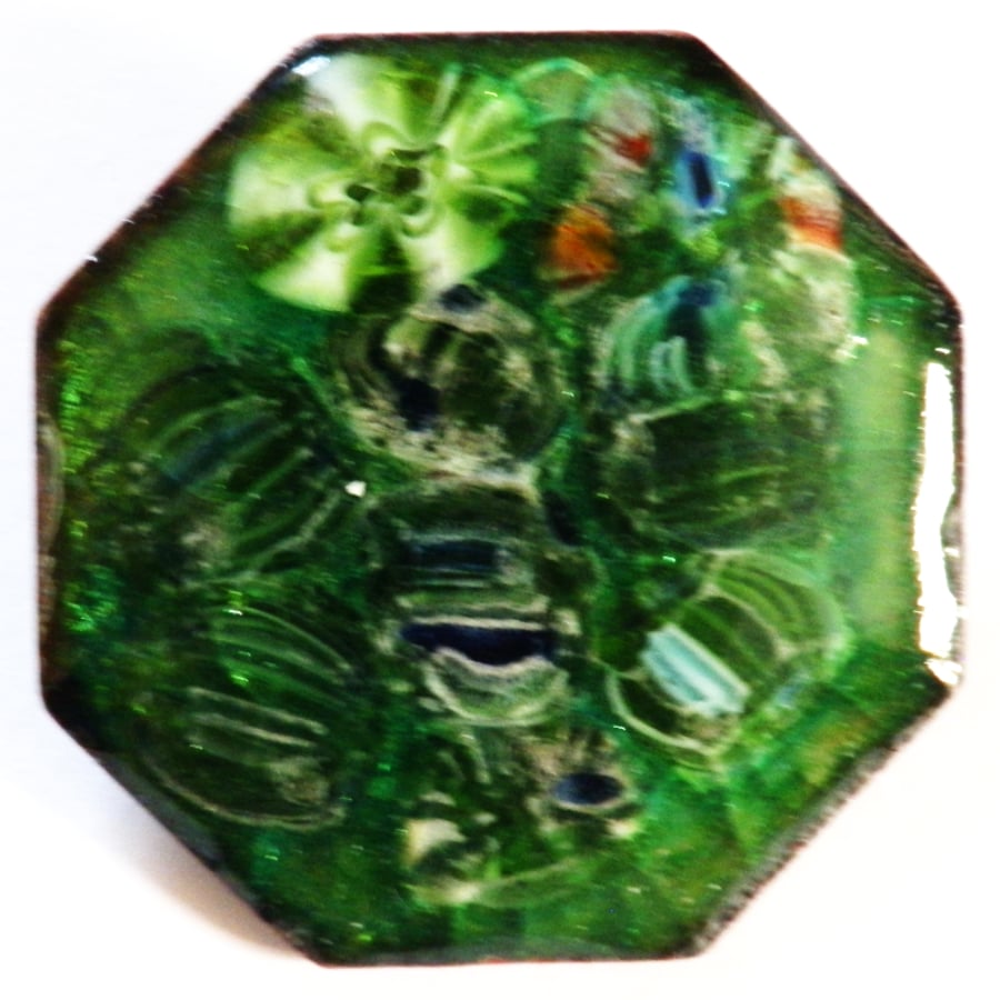 millefiore beads in transparent green enamel - brooch