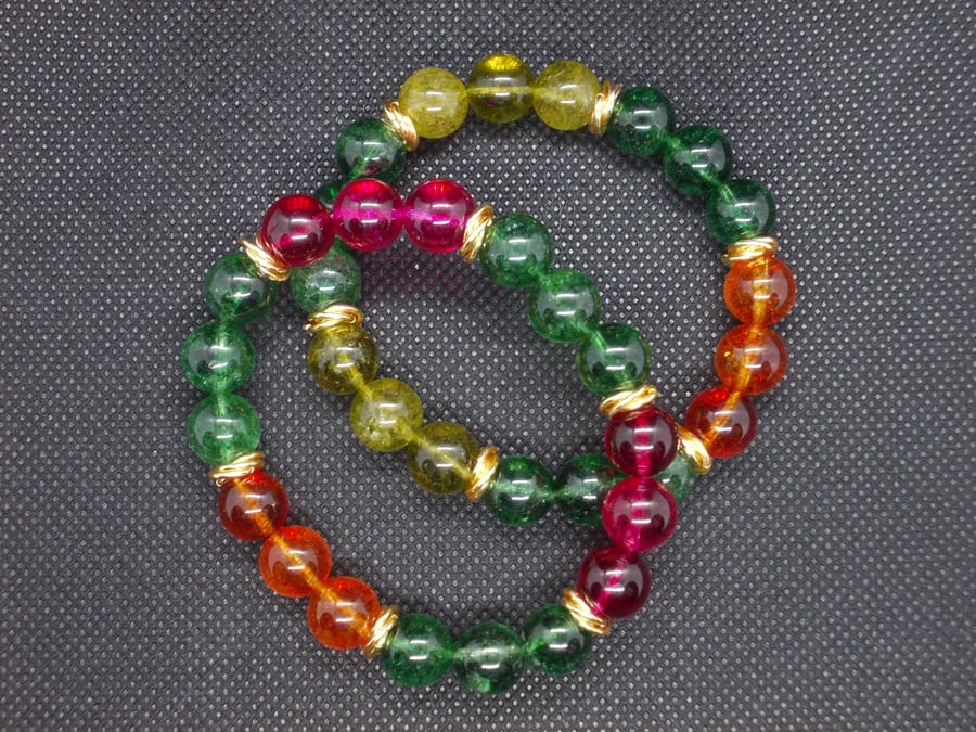 Multicolour crackled quartz elasticated bracelet duo