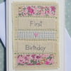 First Birthday card hand-stitched, Liberty print fabric with a tiny pink heart