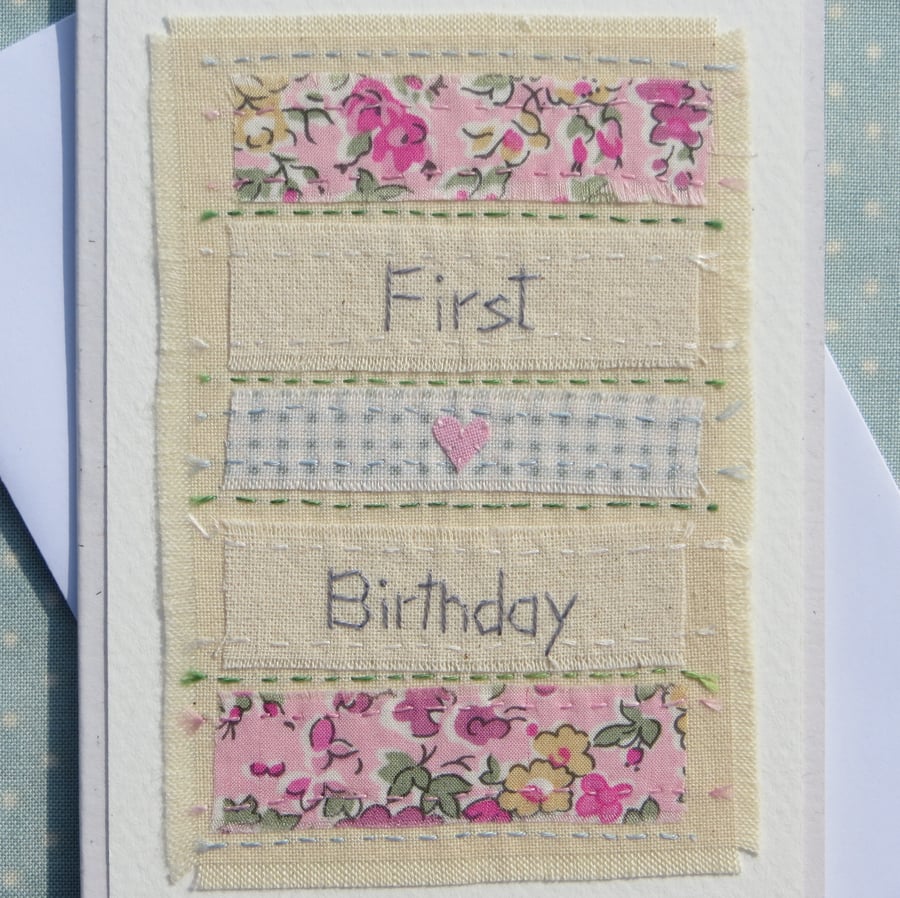 First Birthday card hand-stitched, Liberty print fabric with a tiny pink heart