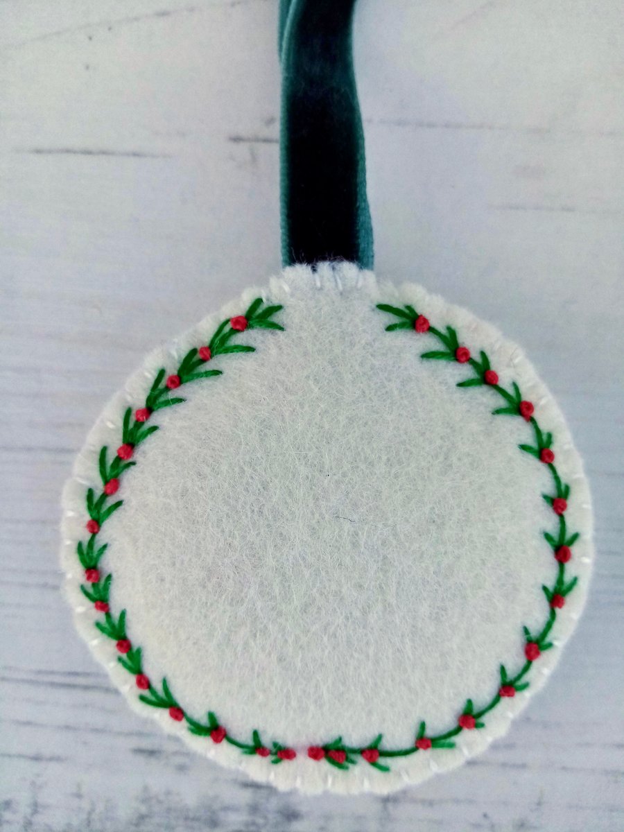 Christmas Decoration With Hand Stitched Holly Wreath
