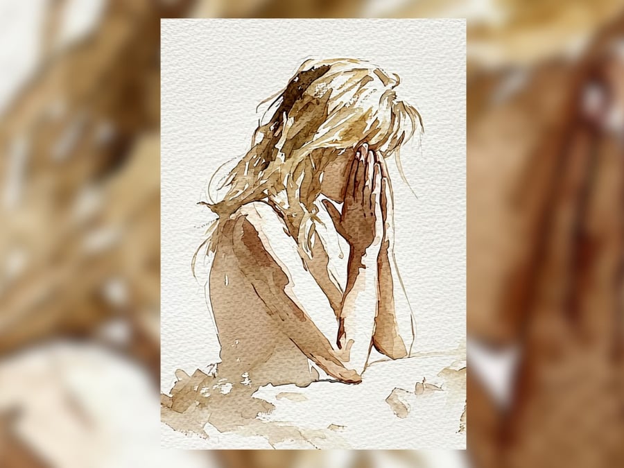Praying Woman Watercolor Painting 5" x 7" Matte Print