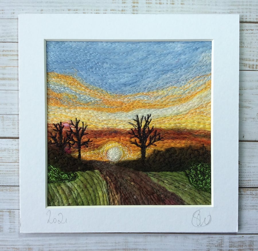 Embroidered sunset needle felted countryside landscape wall art. 