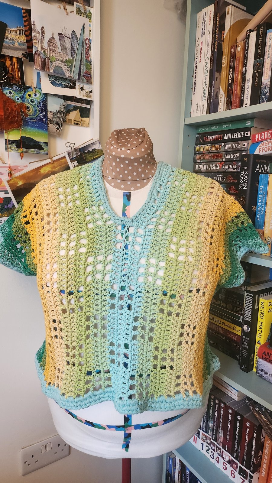 Square mesh crochet t-shirt or beach cover-up Blue-green-yellow fade