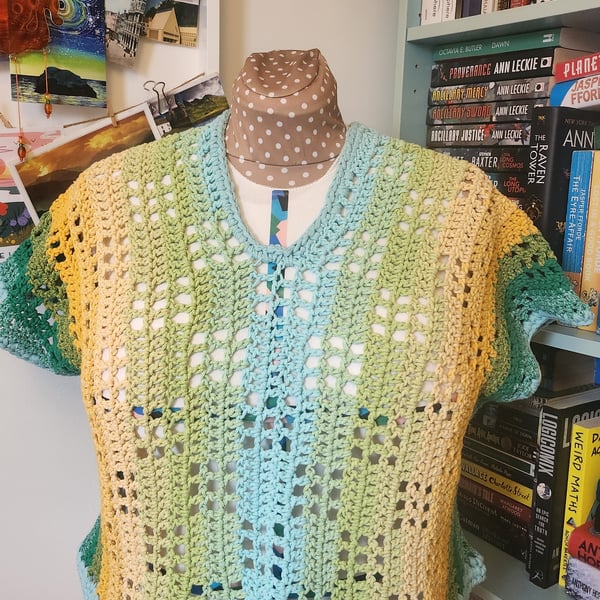 Square mesh crochet t-shirt or beach cover-up Blue-green-yellow fade