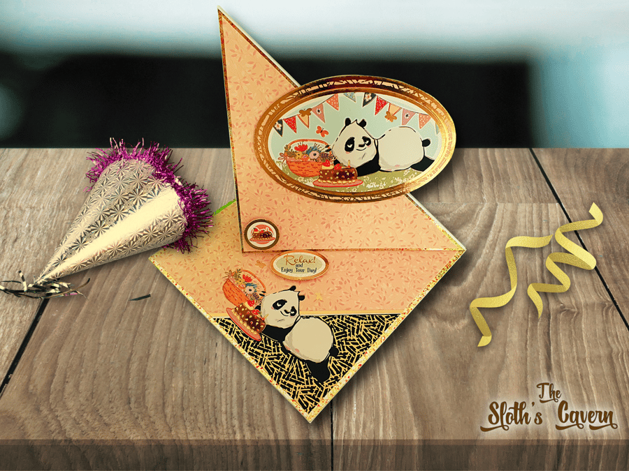 Panda Themed Birthday Card, Relax And Enjoy Your Day, Twisted Easel Blank Card