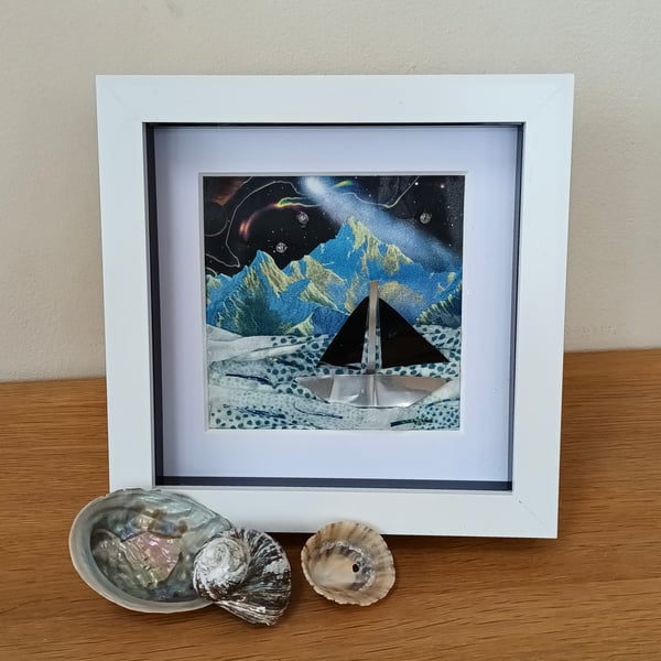 Yacht Boat & Mountain landscape collage art  6"x 6" made with recycled materials