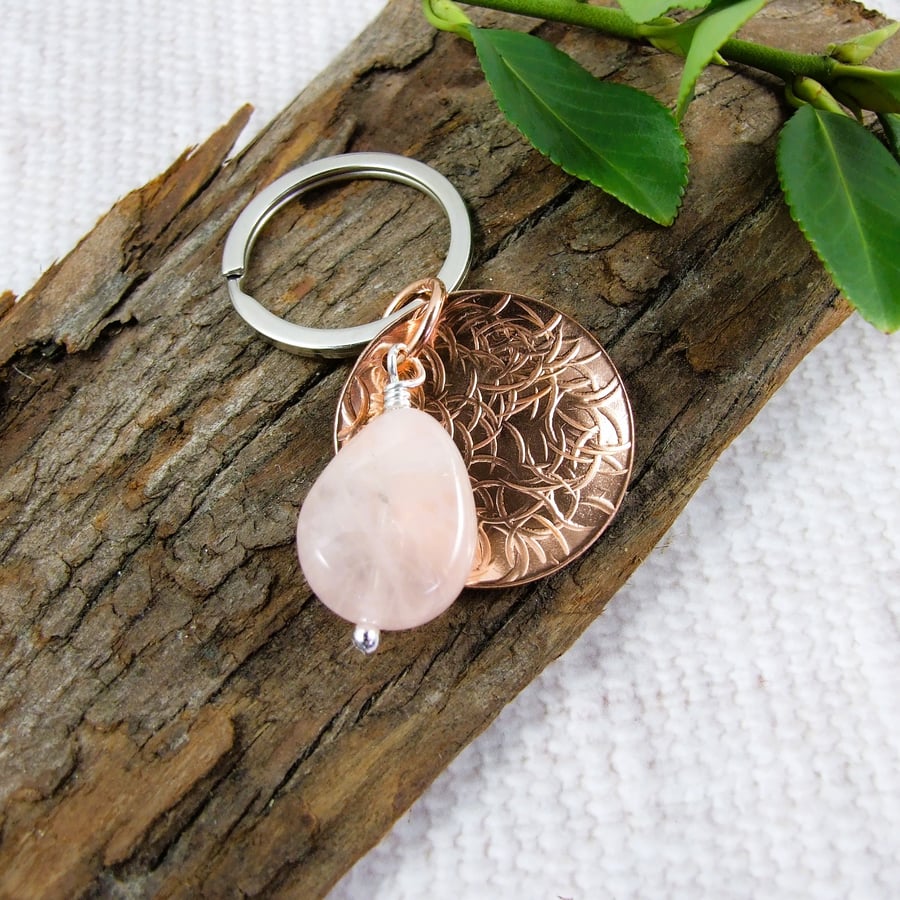 Bag Charm, Copper with Sterling Silver Wire Wrapped Rose Quartz Gemstone