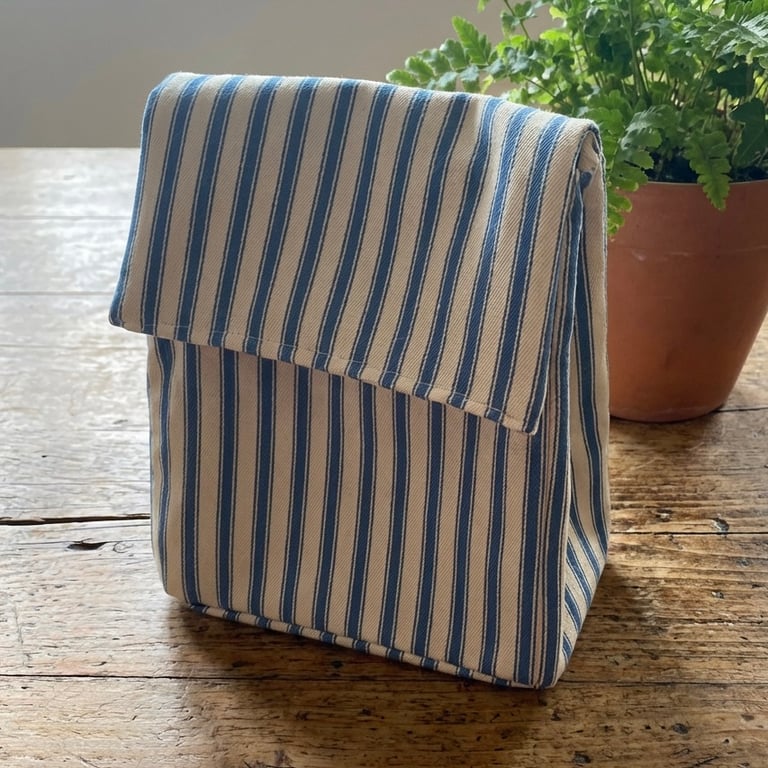 Denim Blue and Cream Striped Handmade Insulated Lunch bag