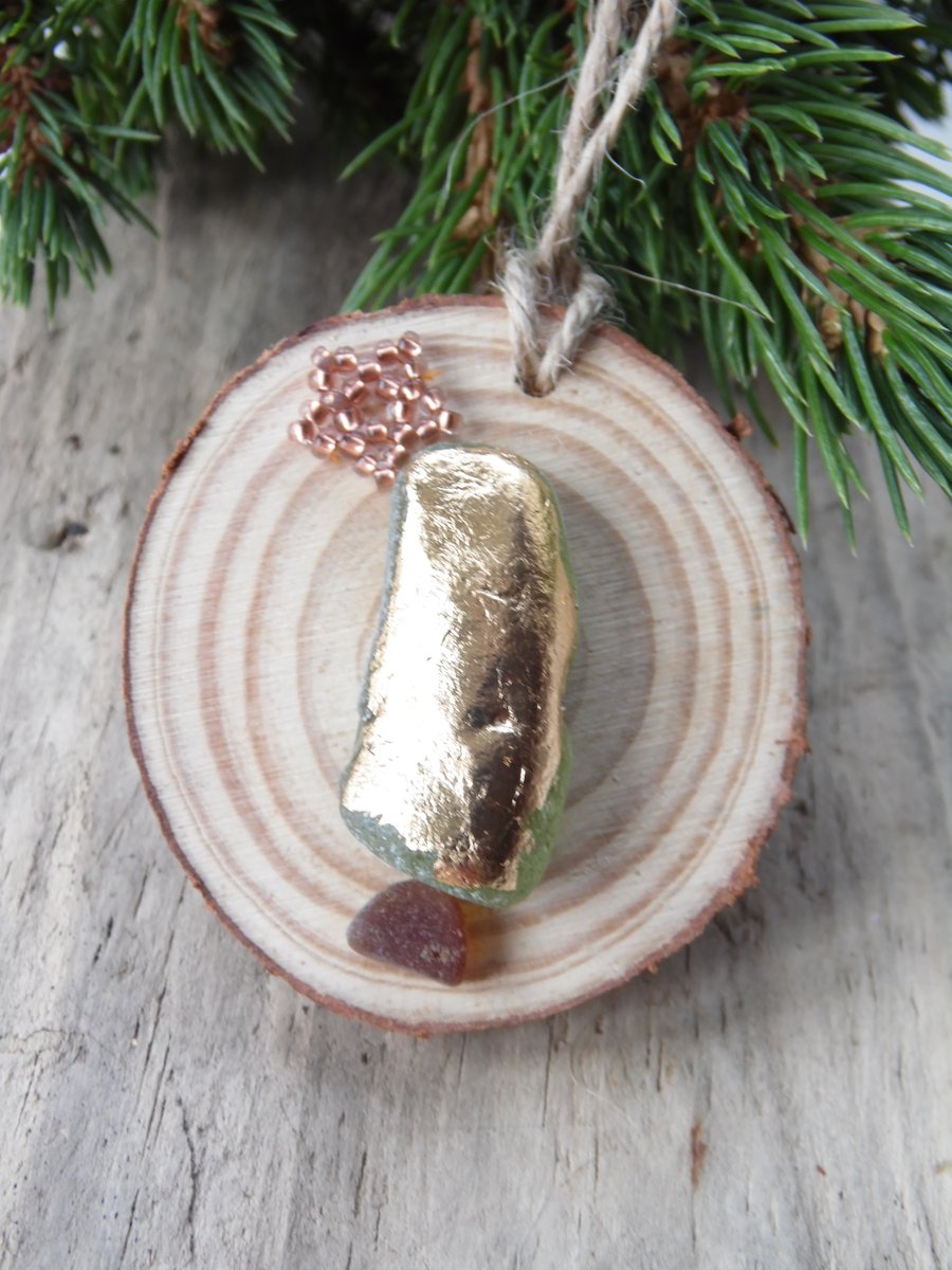 Sea Glass Gold Foil Christmas Tree Copper Beaded Star Christmas Decoration T099