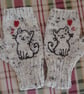 Hand Knitted Cream Tweed Gloves With Embroidered Cat And Red Heart (J195)
