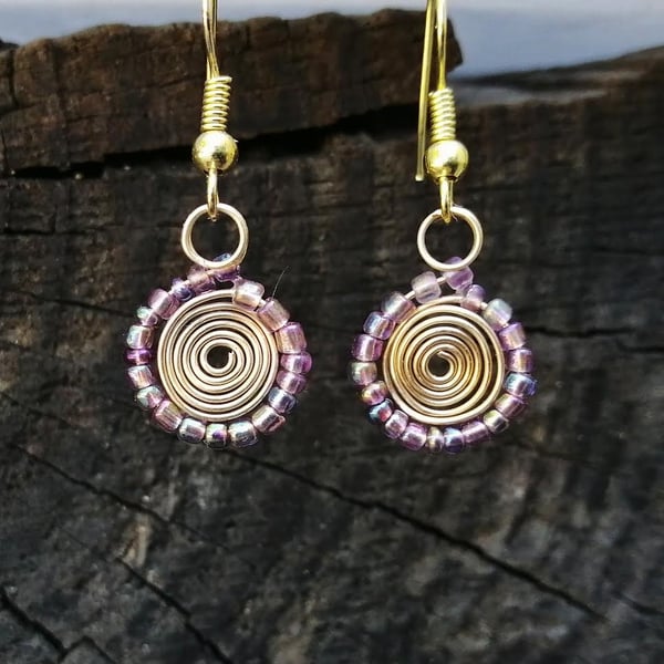 Gold spiral and tiny pink beads dangle earrings, spiral drop earrings