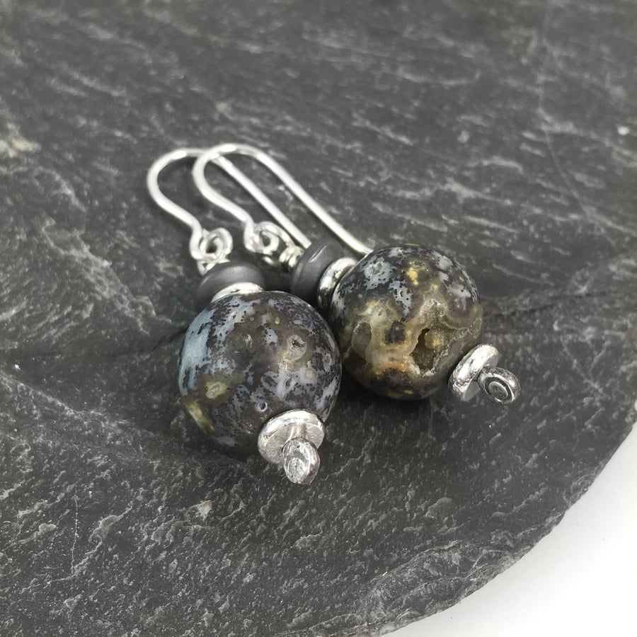 Silver, ocean jasper and hematite earrings