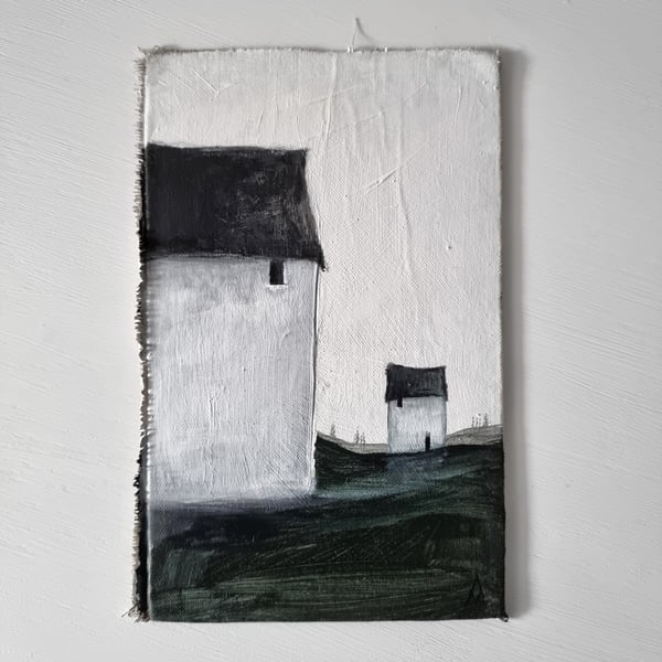 Small Original Painting - Two White Houses In Green Fields - Unique Artwork