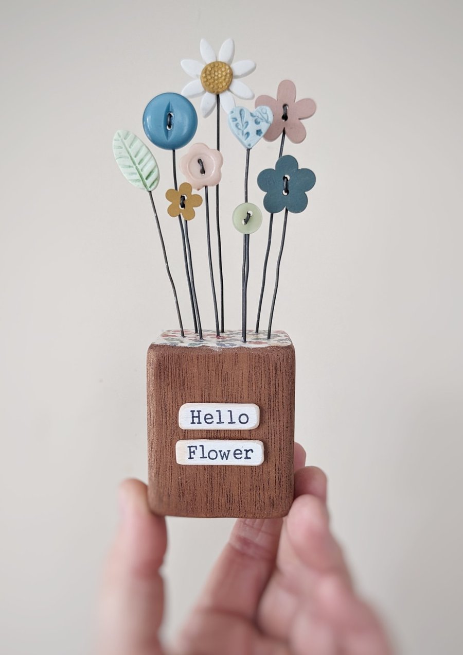Clay Flower and Button Garden in a Wood Block 'Hello Flower'