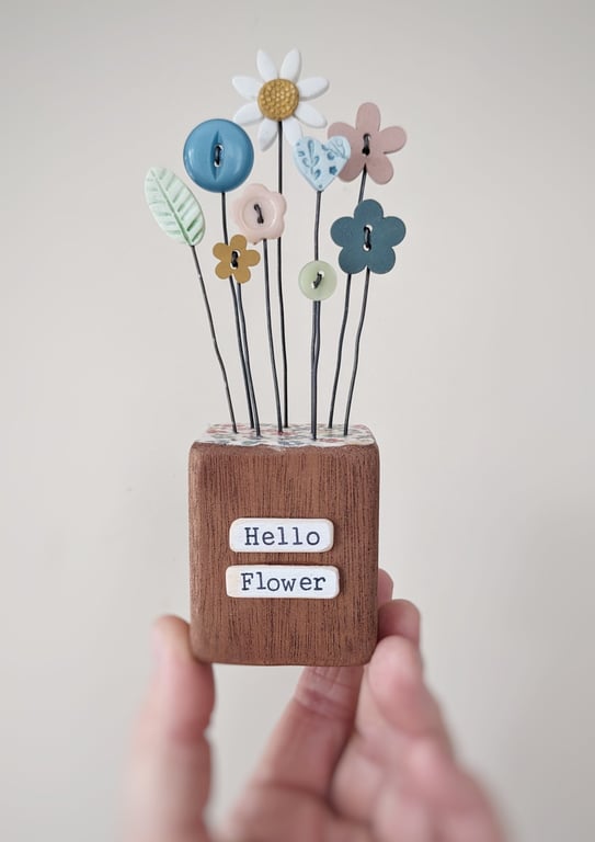 Clay Flower and Button Garden in a Wood Block 'Hello Flower'