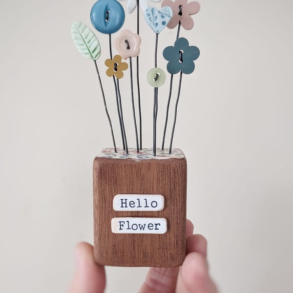 Clay Flower and Button Garden in a Wood Block 'Hello Flower'