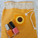 Pretty lace orange polka dot sun flower drawstring bag