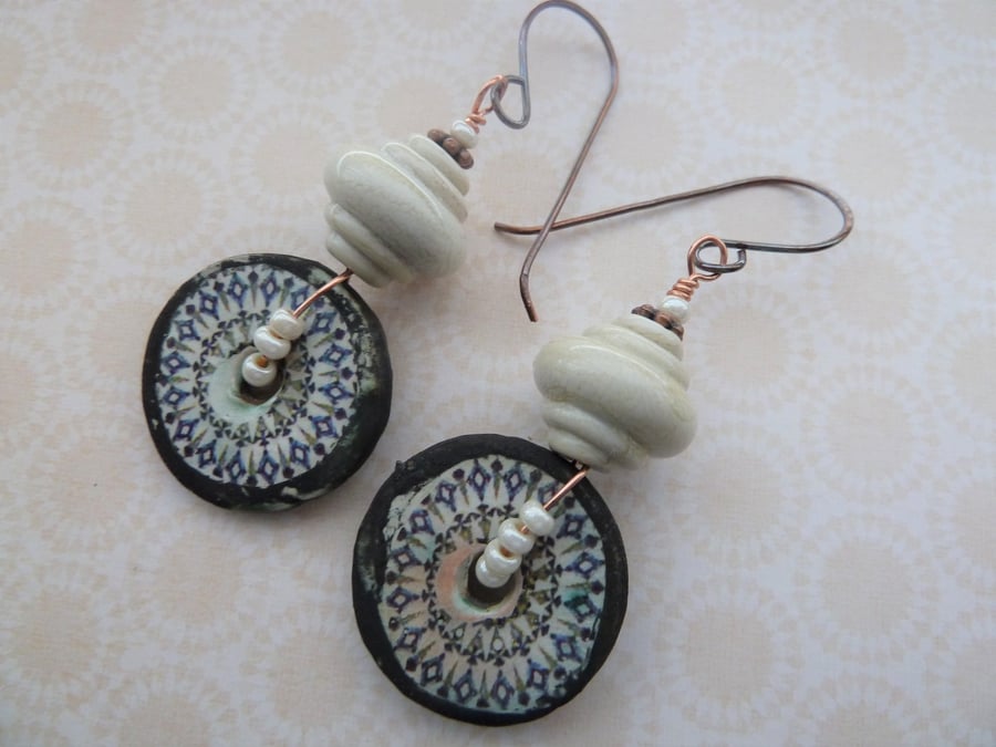 stone circles copper, lampwork and ceramic earrings