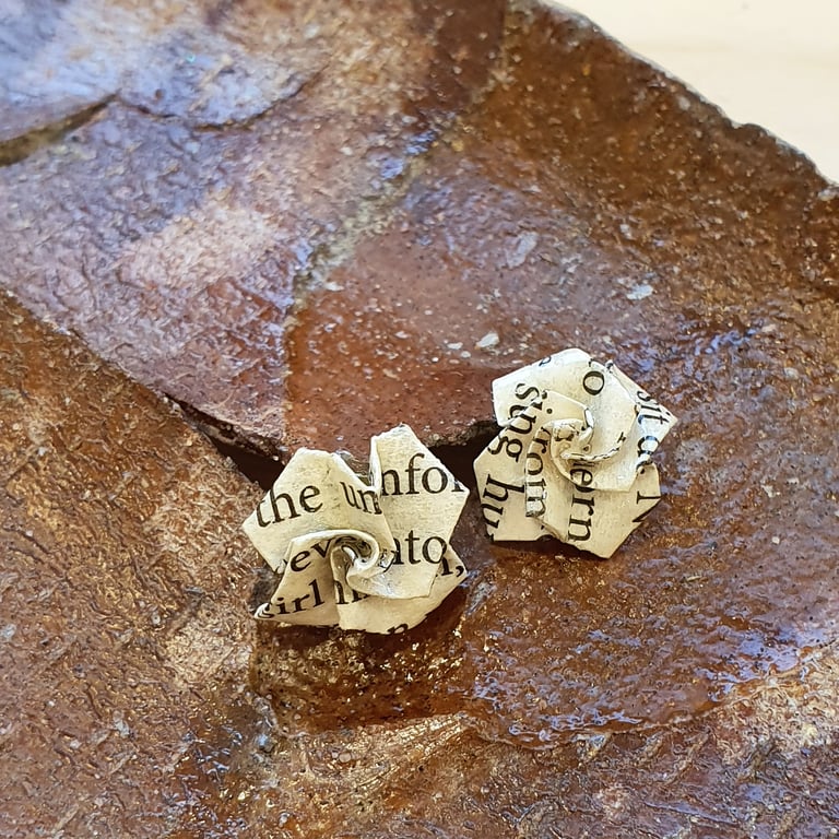 Jane Eyre Book Page Rose Stud Earrings: recycled paper, plastic free, origami