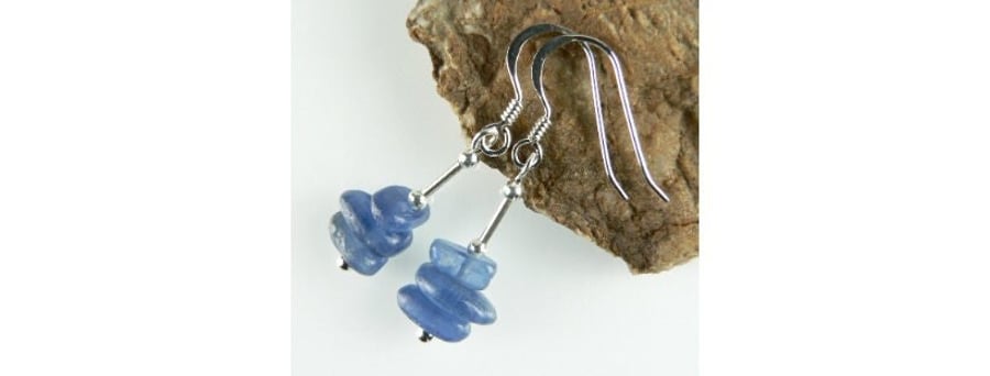 Kyanite nugget natural stone drop earrings, sterling silver, blue, small dainty 