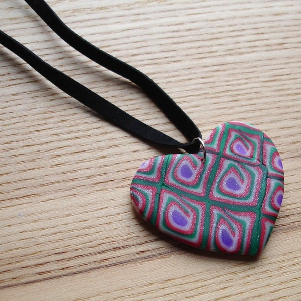 Red and Green Heart FIMO Polymer Clay Pendant