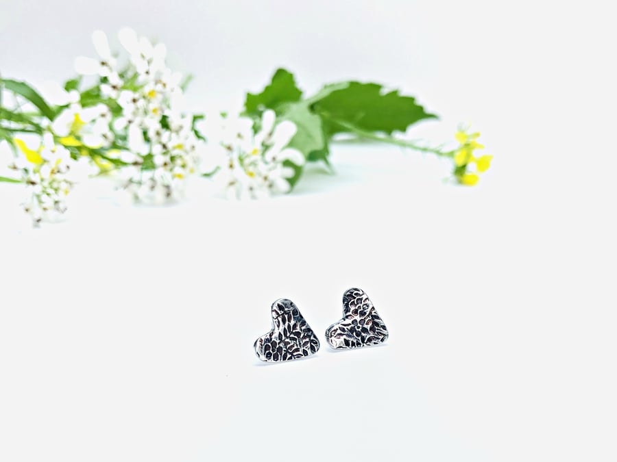 Floral texture - heart earrings - valentine gift - silver heart earrings