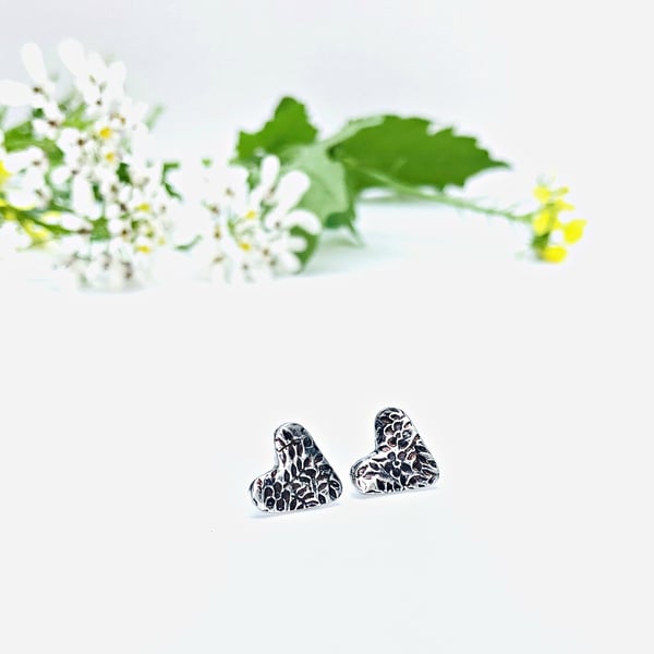 Floral texture - heart earrings - valentine gift - silver heart earrings