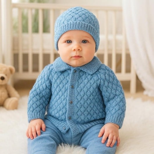 Baby Blue Hand Knitted Cardigan and Hat Set for Boys, Bubble Stitch 9-18 Months,