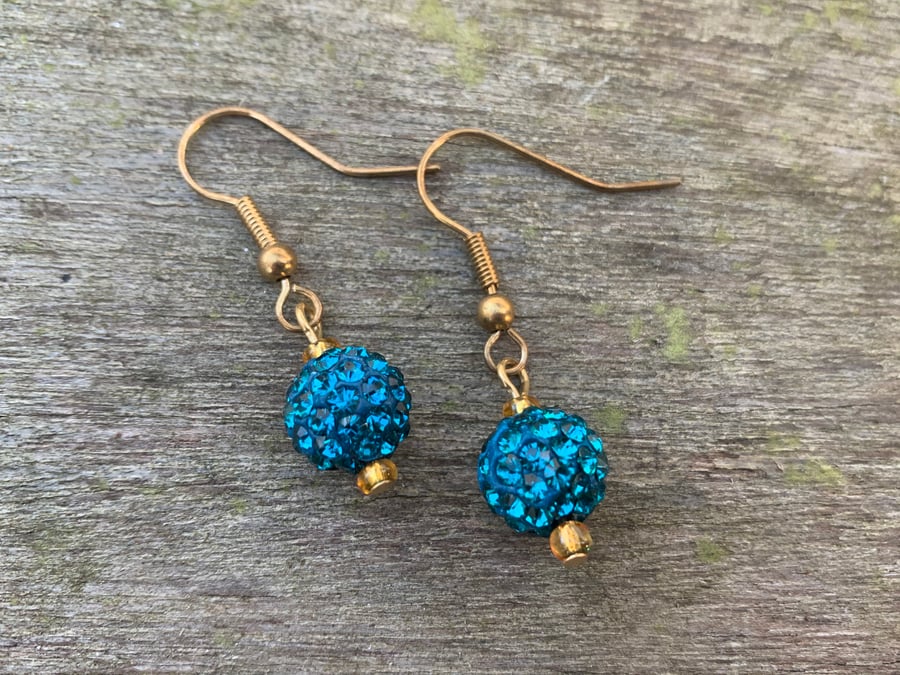 Dark turquoise and gold shamballa earrings