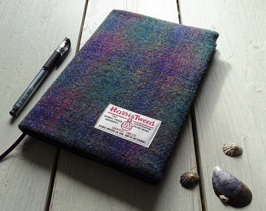 A5 Harris Tweed covered 2020 diary in purple and green tartan. Week to view