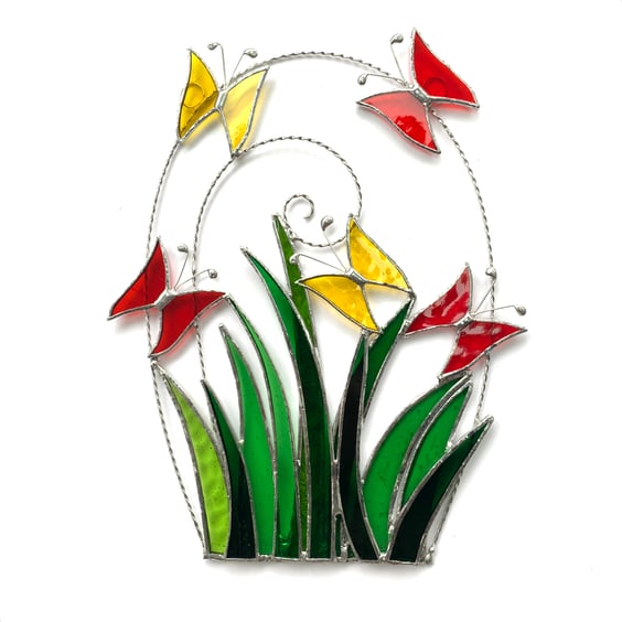 Stained Glass Butterfly Meadow Suncatcher - Handmade Window Decoration 