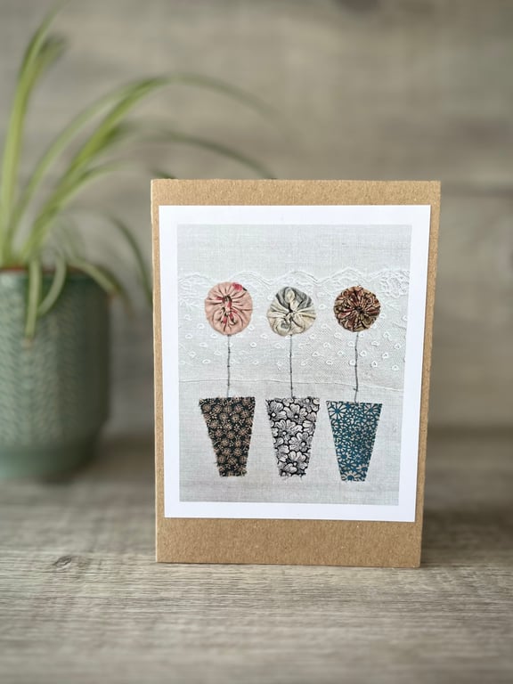 Three Flower Pots Print Blank Greetings Card 